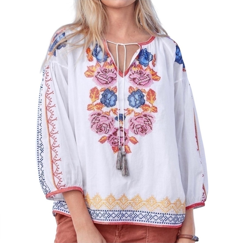 Tolani Floral Embroidered Tassel Tie Peasant Top